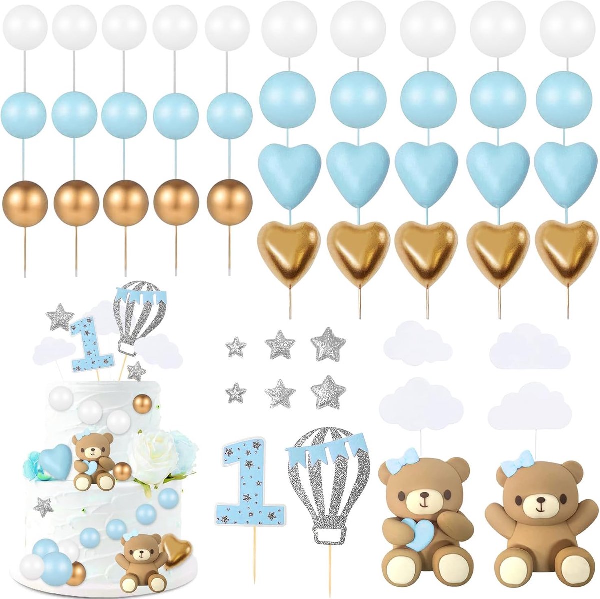 SnelShoppen - 49-delige Blauwe Taartdecoratie Set, Jongens 1e Verjaardag, Teddybeer Taartdecoraties voor Bruiloft, Babyshower, Verjaardagsfeest