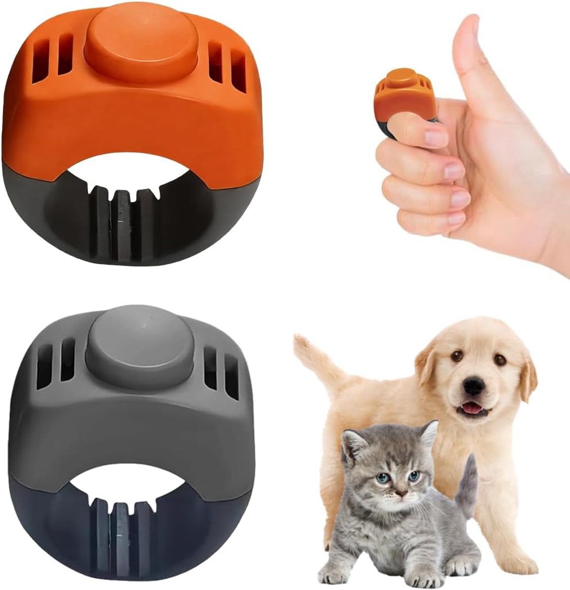 SnelShoppen - 2 Clickers voor Hond Training met Vinger Ring, Ergonomische Knop, Diameter 21 mm, Set Grijs en Oranje, Ideaal voor Honden, Katten, Paard