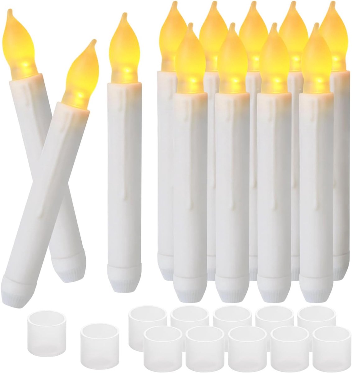 SnelShoppen - 12 Stuks LED Vlamloze Conische Kaarsen op Batterijen - Flikkerende Vlam, Ivoor, D 2,1 cm x H 16,5 cm - Perfect voor Halloween, Feest, Th