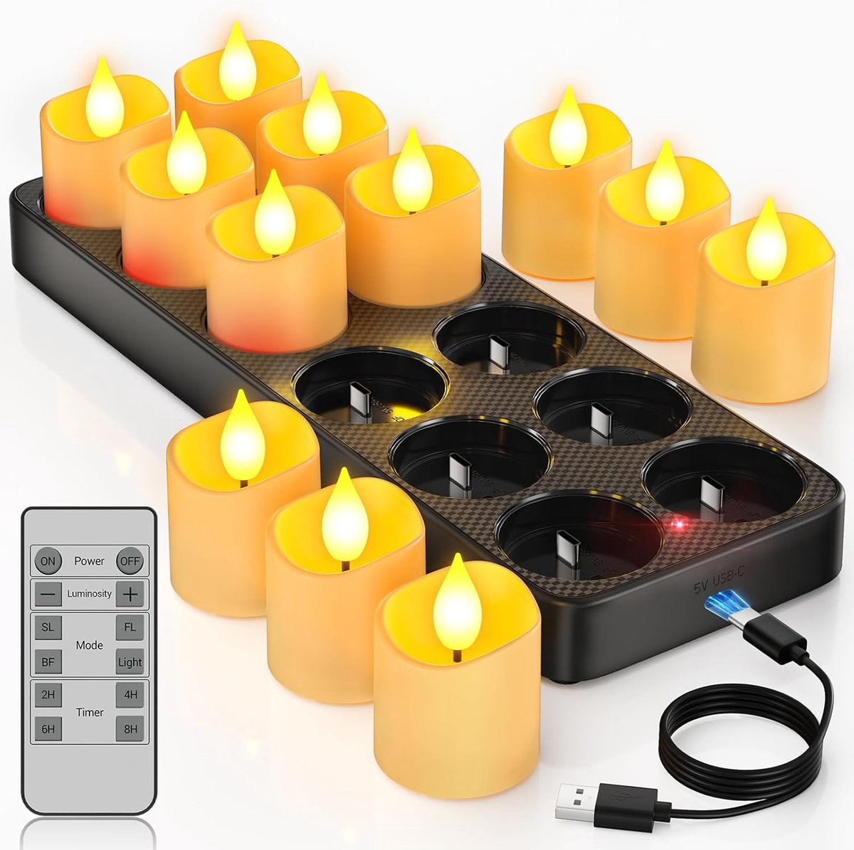 SnelShoppen - Oplaadbare Theelichten met Timer, 12 LED Kaarsen met Afstandsbediening, Flikkerend voor Woonkamer, Feest, Halloween, Kerst, Decoratie