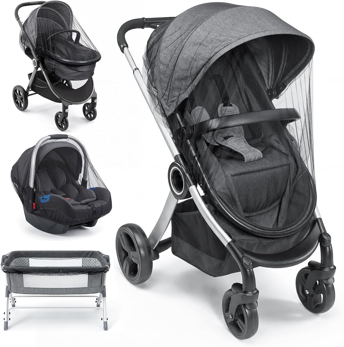 Universele set van 2 muggennetten voor kinderwagens, elastische rand, ademend en scheurbestendig, eenvoudige installatie en opslag, insectenbescherming, zwart