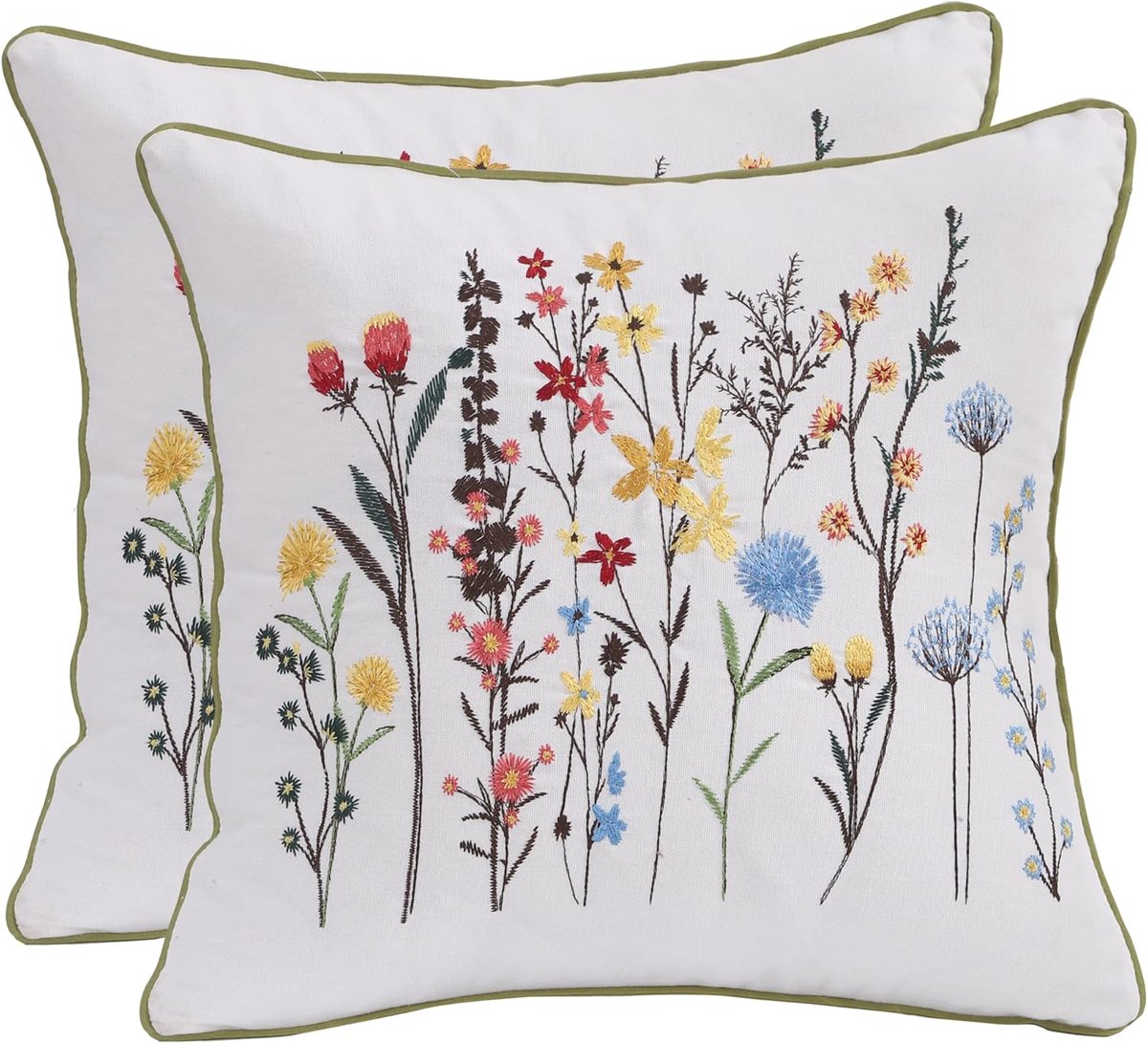 SnelShoppen - 2x 18x18 Inch Geborduurde Kussenhoezen met Wilde Bloemen - Boho Farmhouse Decor - Katoen Pillowcases voor Woonkamer, Tuin en Zomerfeest
