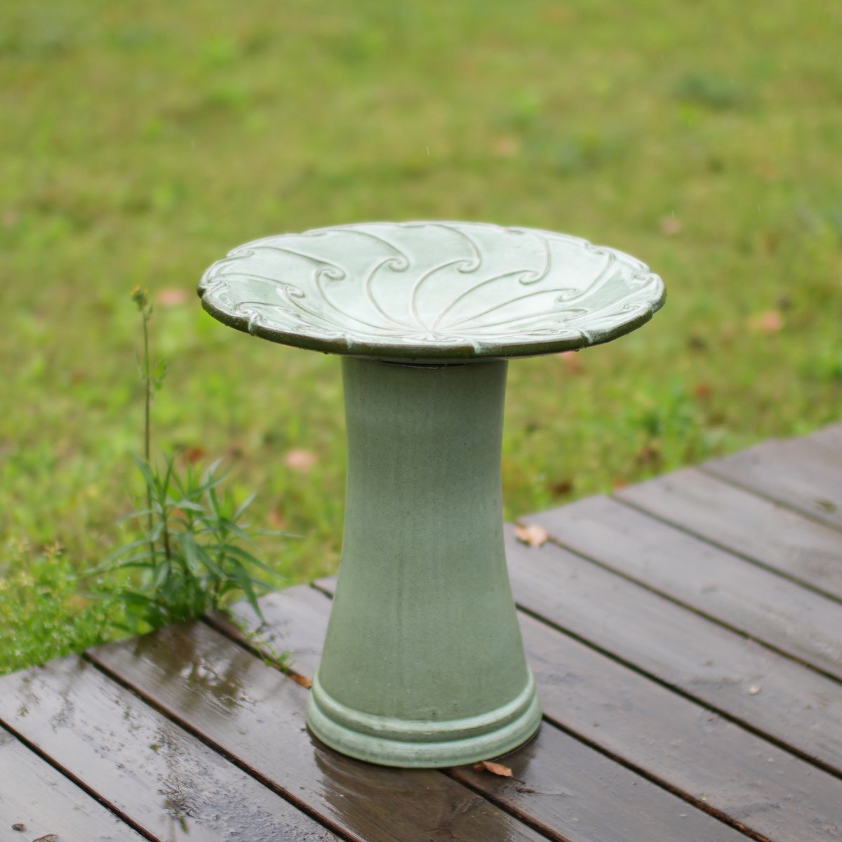 Vogelbad Handgemaakt – Ø 43 Cm, Hoogte 45 Cm – Keramiek – Lichtgroen – Voor Tuin, Terras En Balkon – Vorstbestendig
