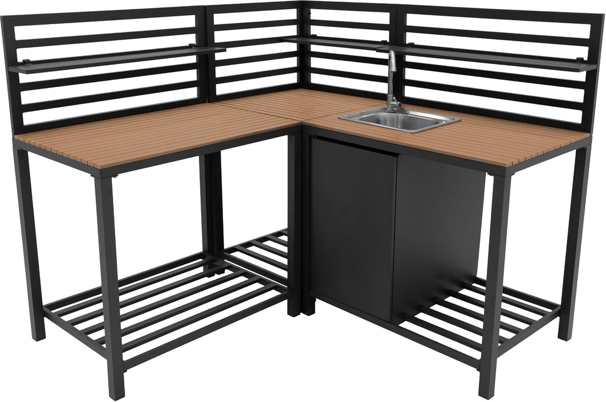 SnelShoppen - 3-delige Buitenkeuken Set - Modulaire Configuratie, Hoek Spoelbak & Tafel Element, Aluminium & Hout, Antraciet Grijs, Stalen Spoelbak me