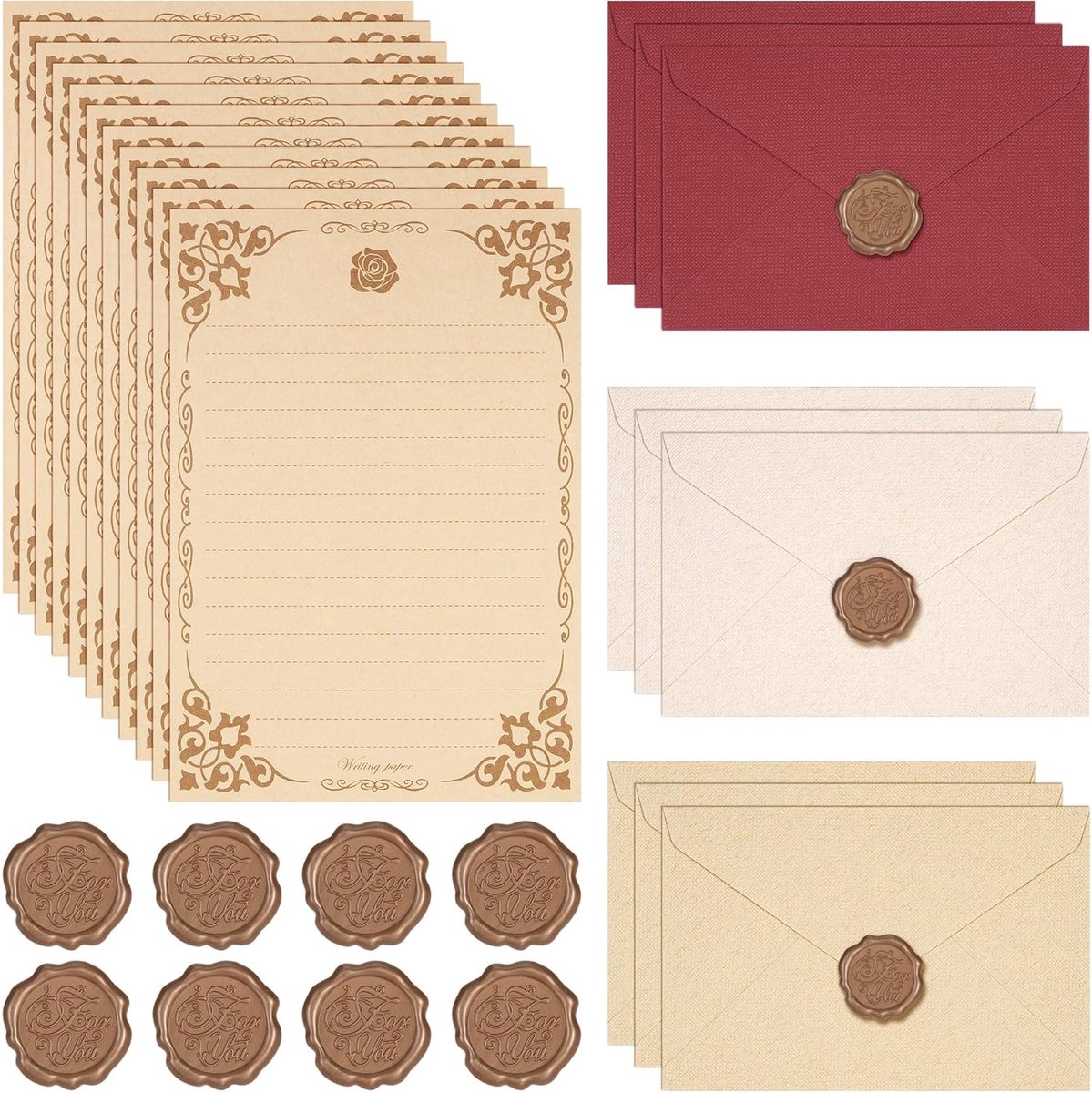 SnelShoppen - Vintage Stationery Set - 9 Linnen Enveloppen Geel, Bruin, Rood - 30 Vintage Schrijfpapier - 9 Wax Stempels - Uitnodigingen, Feest, Bruil
