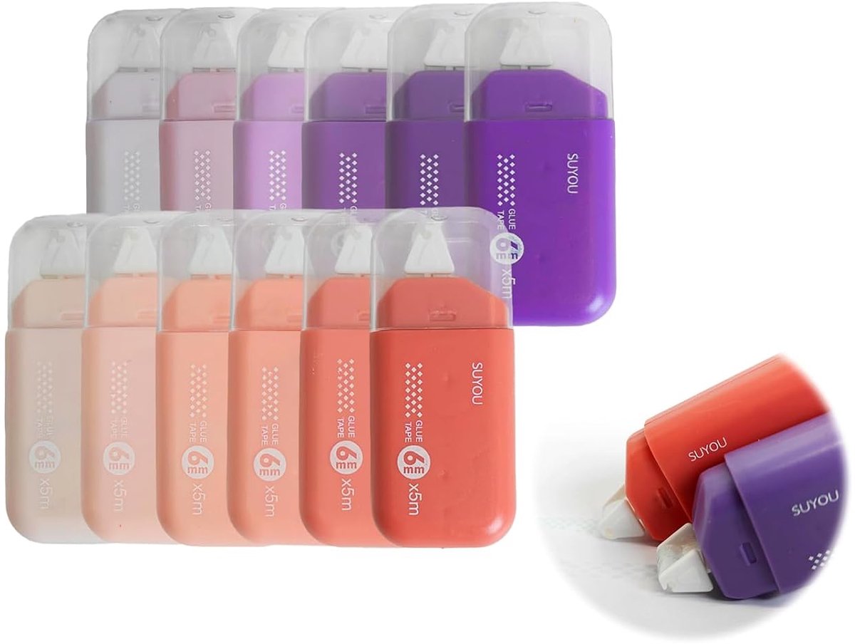 SnelShoppen - 12 Stuks Dubbelzijdige Lijm Tape Roller 6mmx5m - Gradiënt Roze en Paars - Perfect voor Scrapbooks, Handgemaakte Tijdschriften, Enveloppe