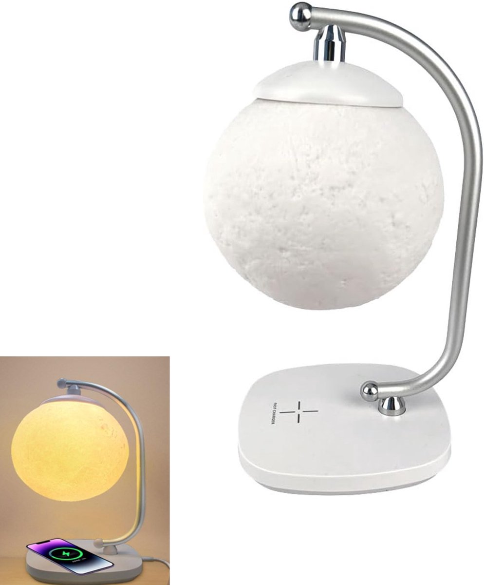 KZQ Maanvormige bureaulamp met draadloos oplaadstation - Touch control en accentverlichting - Ideaal voor slaapkamer woonkamer kantoor en studentenkamer - Wit