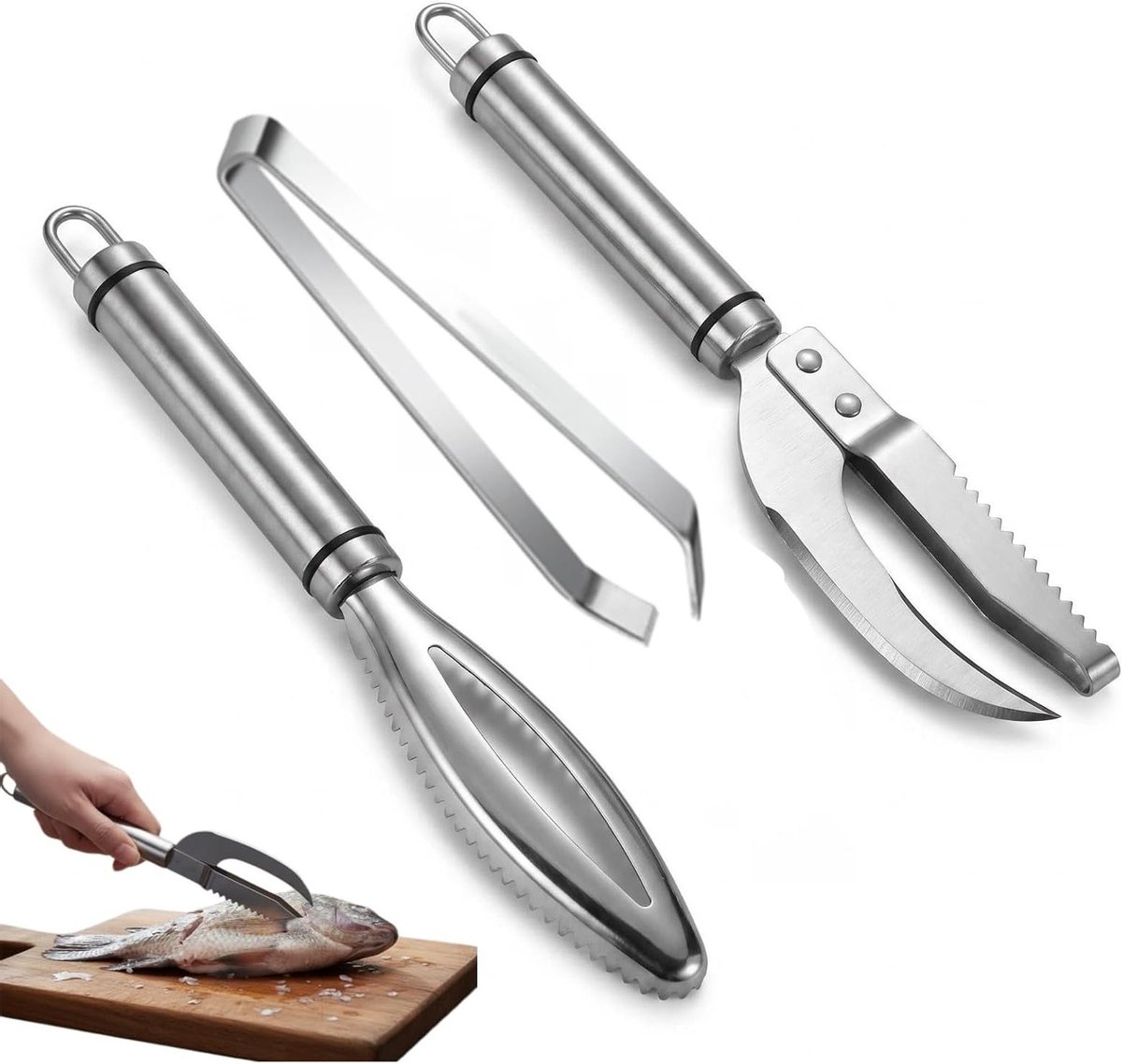 Set van 3 roestvrijstalen visschrapers, 3-in-1 visschubbenverwijderaar voor keuken en vissen, ideaal voor het schoonmaken van vis