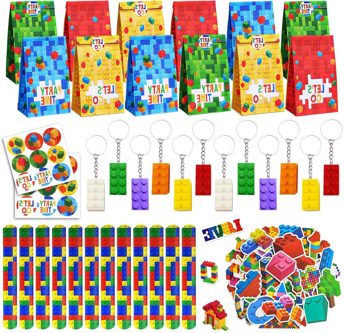 Grote set bouwblokken met 12 slappe armbanden, 12 sleutelhangers, 12 cadeauzakjes en 50 stickers voor verjaardagsfeestjes van kinderen, perfect voor themafeesten en creatief speelgoed