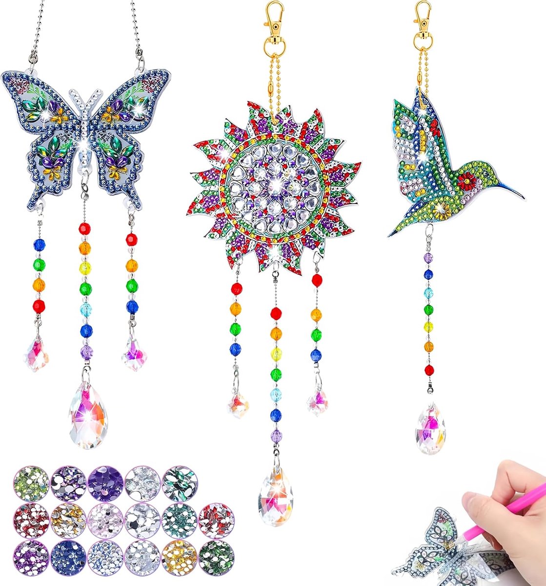 Diamantschilderij - Creatieve DIY Set voor Volwassenen & Kinderen - Diamant Schilderij voor Meisjes - Knutselen voor 6+ Jaar - Vlinder & Kolibrie Windspel - 1 Set