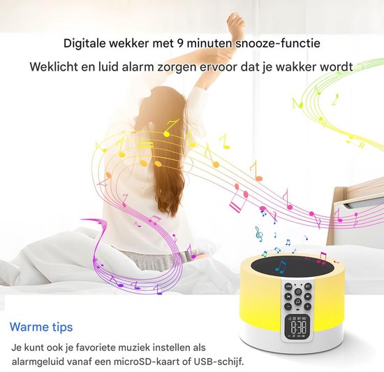 QTTVBTNA -Bluetooth Luidspreker - Nachlampje - 7 kleuren LED, 30 slaapgeluiden, timer, wekker, handsfree - Bluetooth 4.0, USB, microSD - Oplaadbaar - Voor kinderslaapkamer, reis en camping - Cadeau voor tieners en volwassenen — afbeelding 3