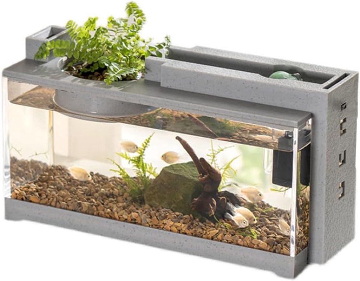 Thijox - Vistank mini-aquariumstarterset met stille waterpomp, kunststof desktopdecoratie, aquarium voor kantoor, bureau en woonkamer, 31,5 x 13 x 16,