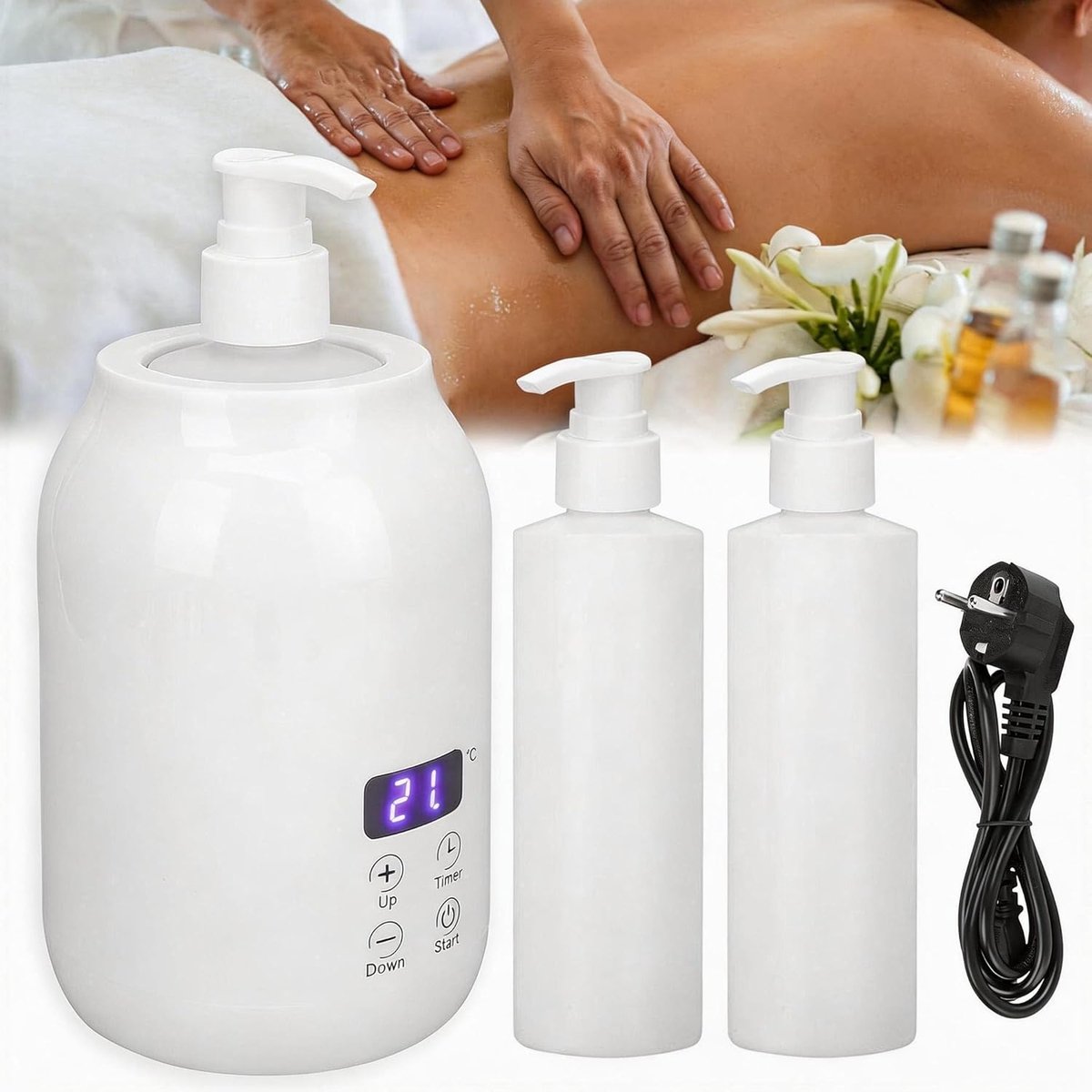 Thijox - Massageolieverwarmer met instelbare temperatuur 30-65°C, 2 kunststof binnenflessen voor etherische oliën, ideaal voor rugmassage en ontspanni