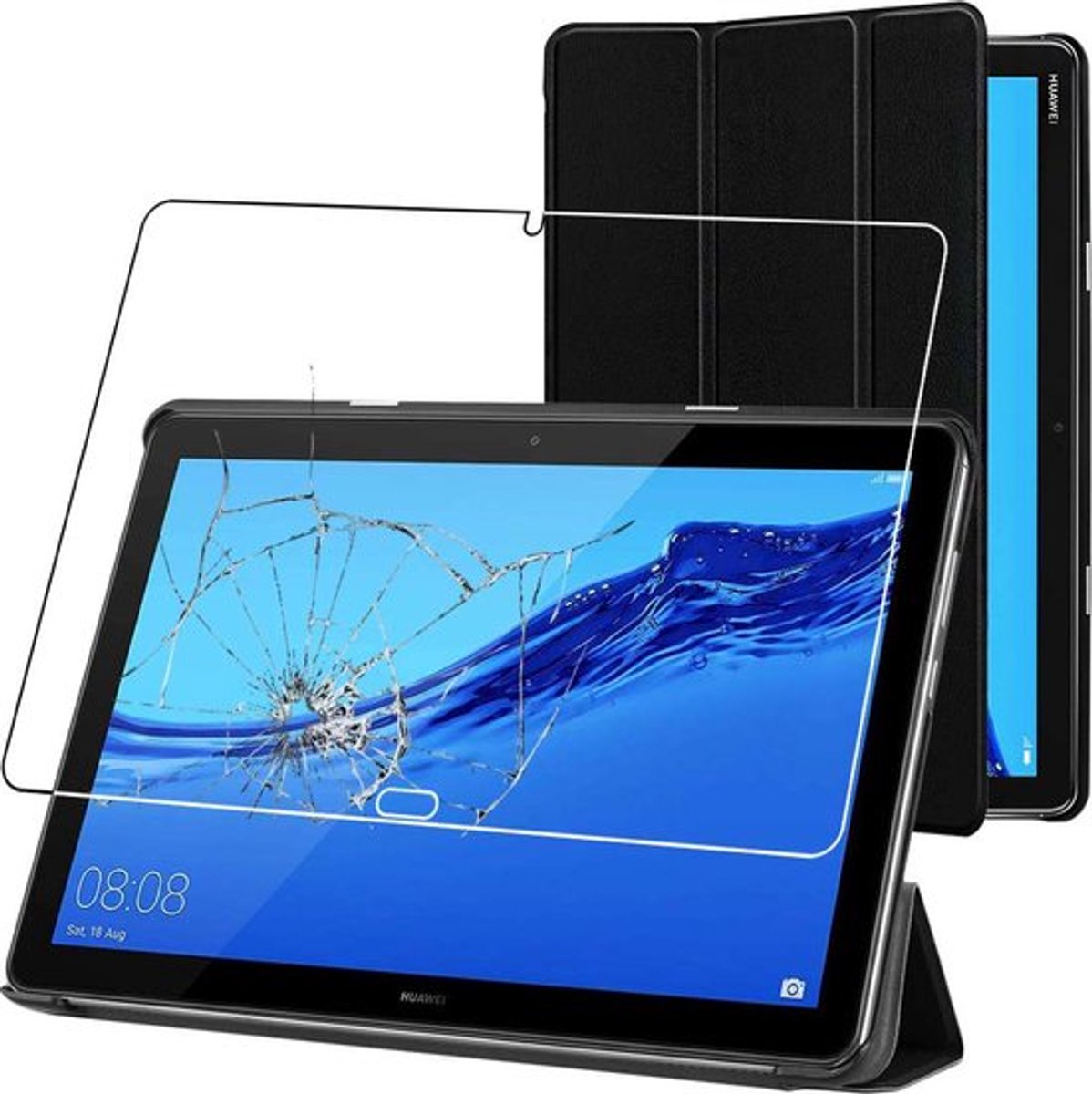 ebestStar - Hoes geschikt voor Huawei MediaPad M5 Lite 10.1, Slanke Design PU Lederen Etui, Automatische Slaap/Wake, SmartCase hoesje, Zwart + Gehard Glas