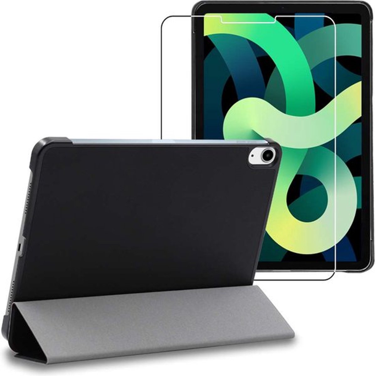 ebestStar - Hoes geschikt voor iPad Air (2020) 10.9, iPad Air 4 Apple, Slanke Design PU Lederen Etui, Automatische Slaap/Wake, SmartCase hoesje, Zwart + Gehard Glas