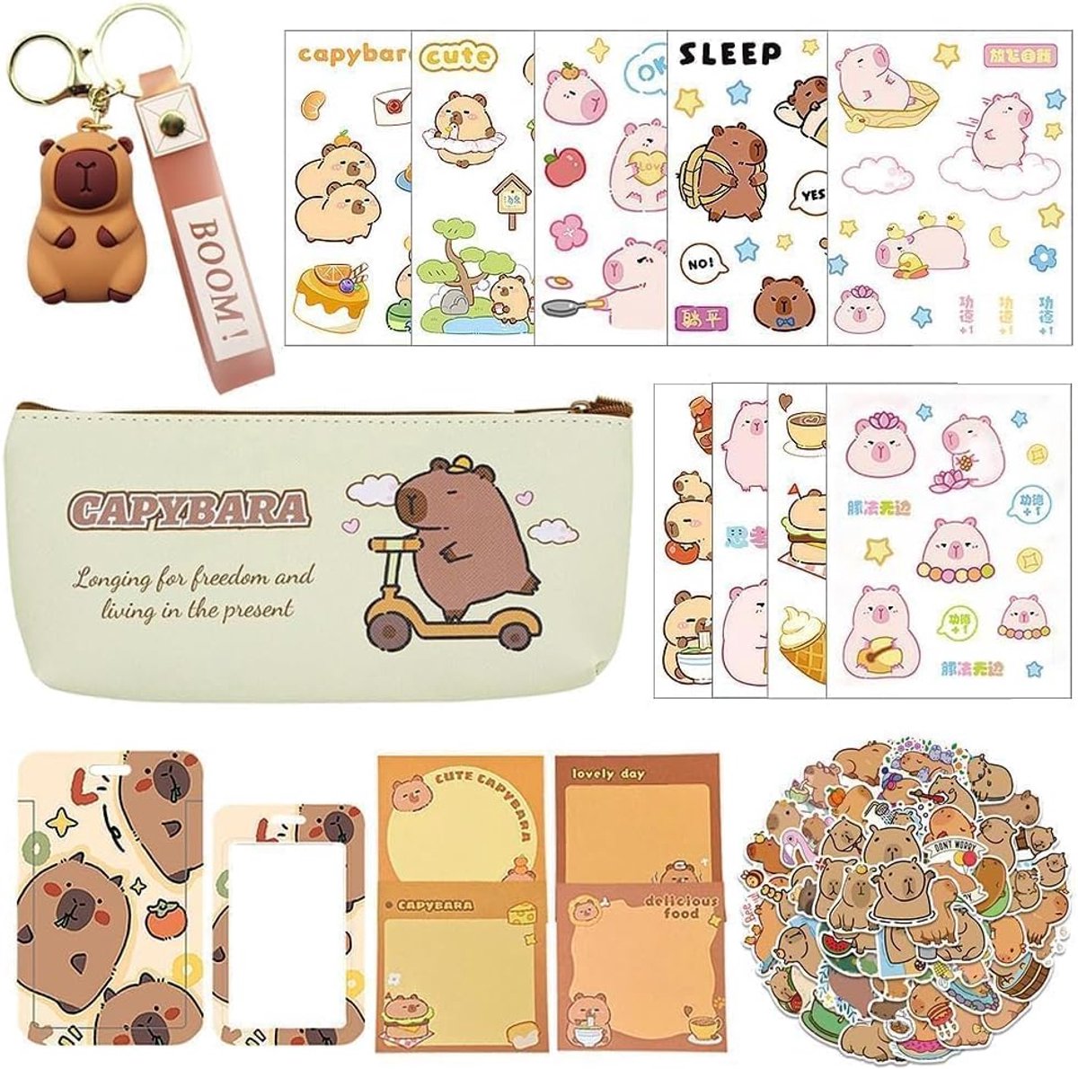 SnelShoppen - Capybara Stationery Set 18-delig - Schattige Pen Case met Rits, Cartoon Stickers, Waterdichte Clip Sleutelhanger voor Kantoor, Studenten