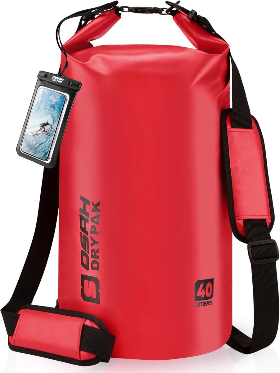 SnelShoppen - Waterproof Dry Bag 40L met Schouderband en Telefoonhoesje - Ideaal voor Kayaking, Rafting, Camping, Hiken, Rood