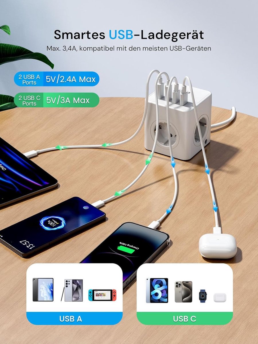 SnelShoppen - 8-in-1 Plug Cube met USB, 4-Way Power Strip met Schakelaar, 4 Europese Stopcontacten, 4 USB Poorten, 3M Kabel voor Thuis en Kantoor, Wit