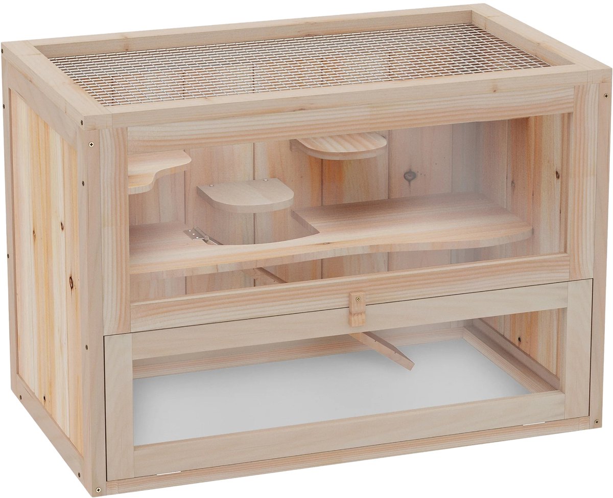 Houten Hamsterkooi voor Dwerghamsters – Nagarium met Gaasdak & Loopplank – Naturel Hout