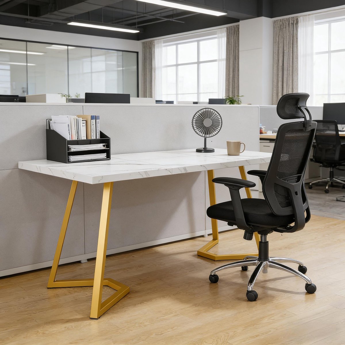 DESMIU Bureau - Computertafel Met Marmerlook Blad En Metalen Poten - Voor Thuiswerkplek En Woonruimte - Wit Goud - 140x80x75 Cm