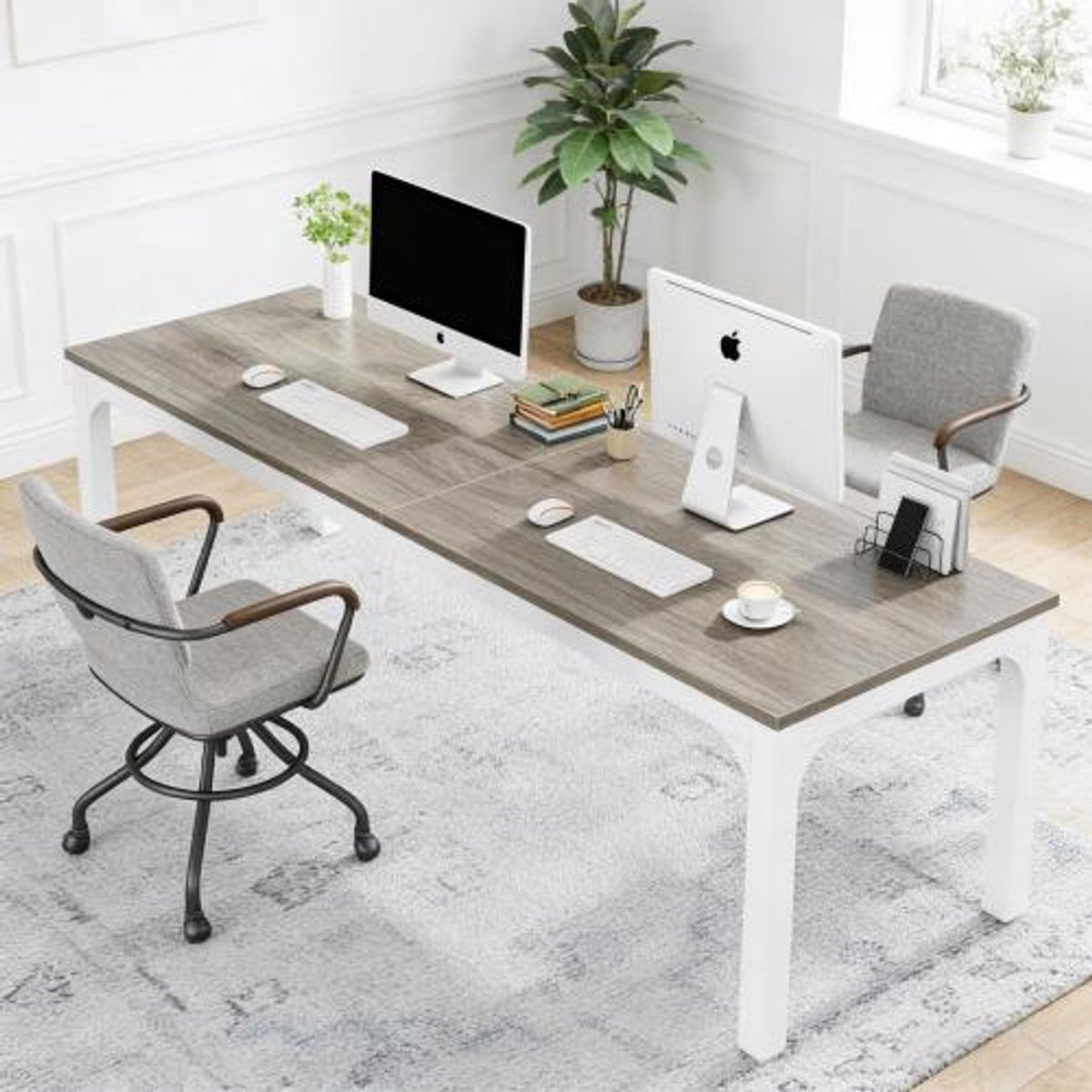 DESMIU Bureau - Rechthoekig Computertafel Voor 2 Personen - Ruim Werkblad Voor Kantoor En Thuiswerkplek - Hout En Metaal - 200x70x75 Cm - Taupe Wit