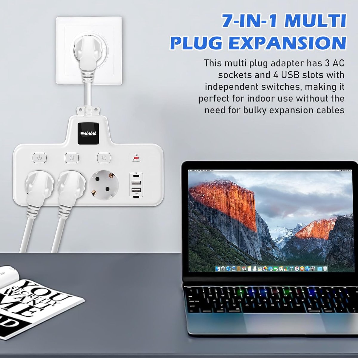 SnelShoppen - 3-Way Plug Adapter Meerdere Stopcontacten met USB, 7-in-1 Stekkerdoos met 2 USB-A & 2 Type C, Compact Meerdere Plug voor Thuis, Kantoor,