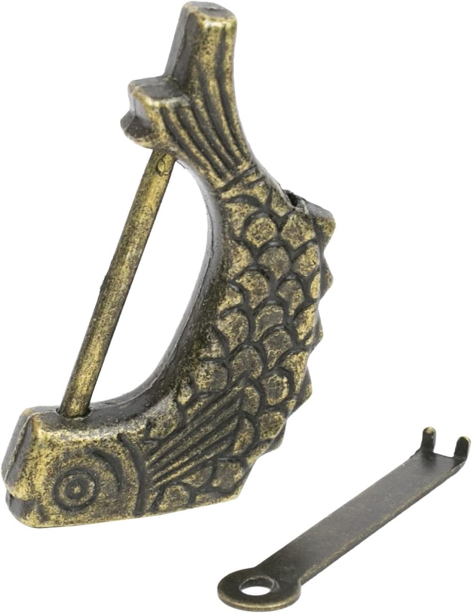 SnelShoppen - Antieke Chinese Decoratieve Hangslot | Vis | 6 x 3 x 0.8 cm | Goud | Vintage Design voor Dagboeken, Cadeauboxen en Sieraden