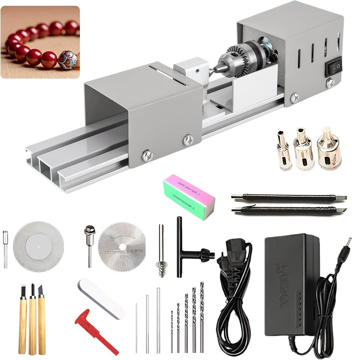 Mini draaibank 125W met 2000-8000rpm, 7 snelheden voor draaien, slijpen en boren in hout en kralen