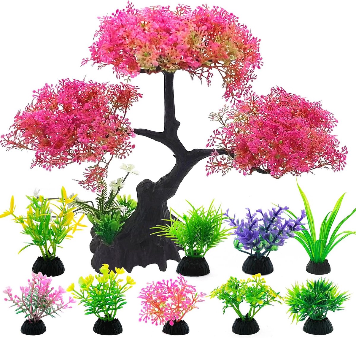 Thijox - Roze Kersenbloesemboom Aquariumdecoratieset - 10 Stuks Kunstmatige Plastic Planten voor Aquariums - Realistische en Veilige Decoraties voor B