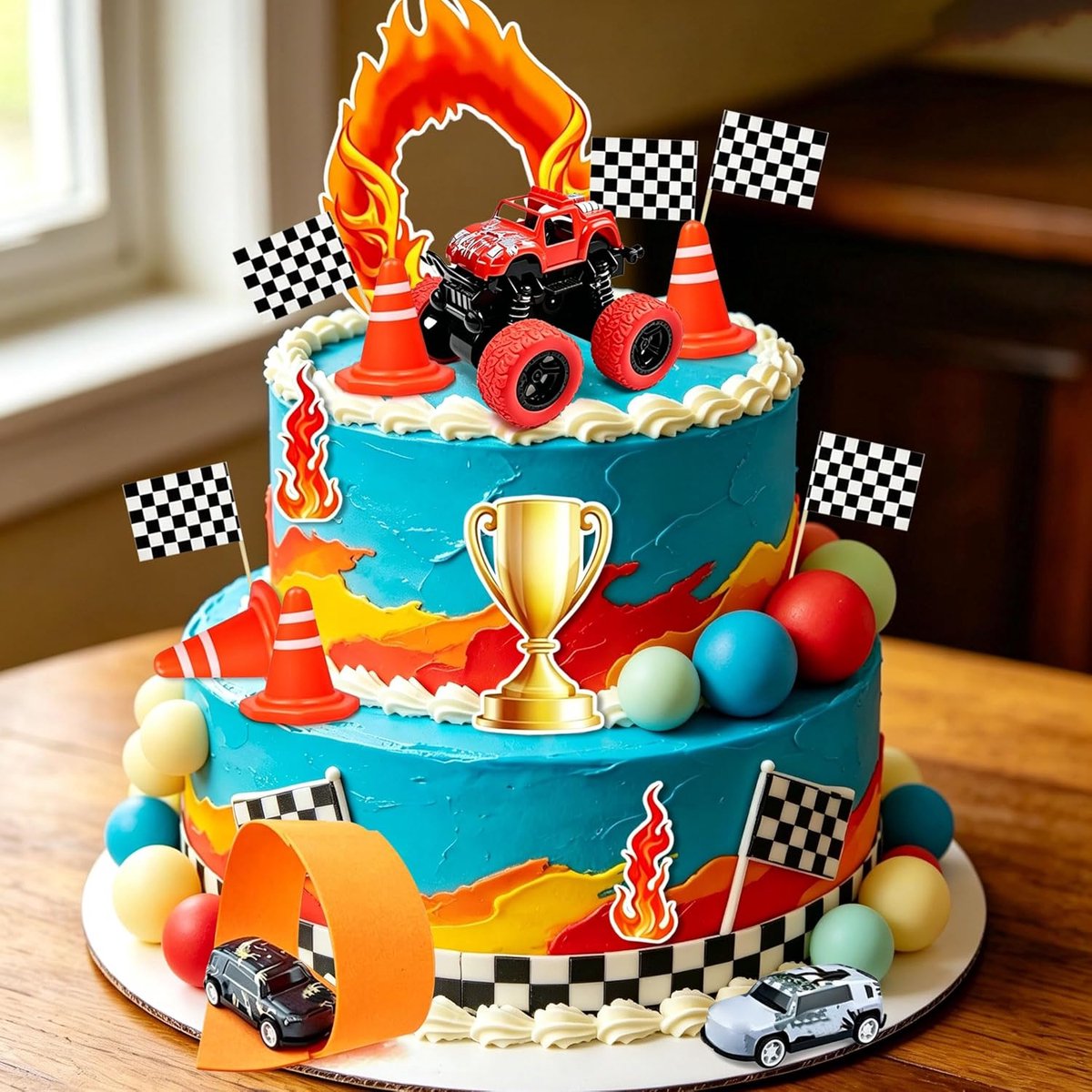 SnelShoppen - Dertig en Dorstige Monster Truck Verjaardagstaart Versiering - Auto Feest Benodigdheden voor Kinderfeestje - Inclusief Vlam, Verkeerspio