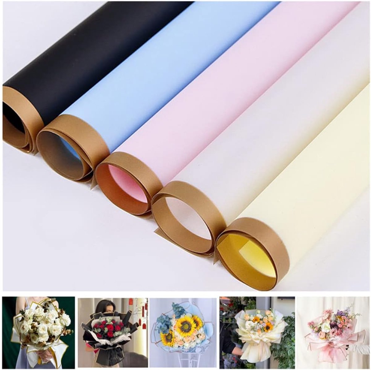 SnelShoppen - 25 Vellen/5 Kleuren Goudrand Bloem Wikkelpapier, Bloemist Boeket Benodigdheden, DIY Creatieve Verpakkingen Koreanen Boeket Wikkelpapier,