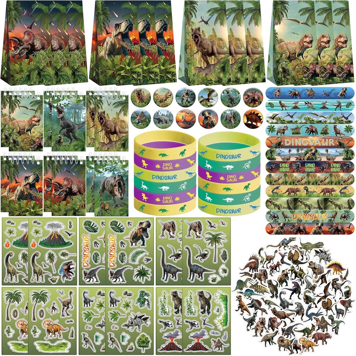 SnelShoppen - Dinosaur Party Accessoires Gift Bags, Stickers, Badges, Armbanden voor Dinosaur Thema Verjaardagsfeest - 12 Stuks van Hoogwaardige Papie