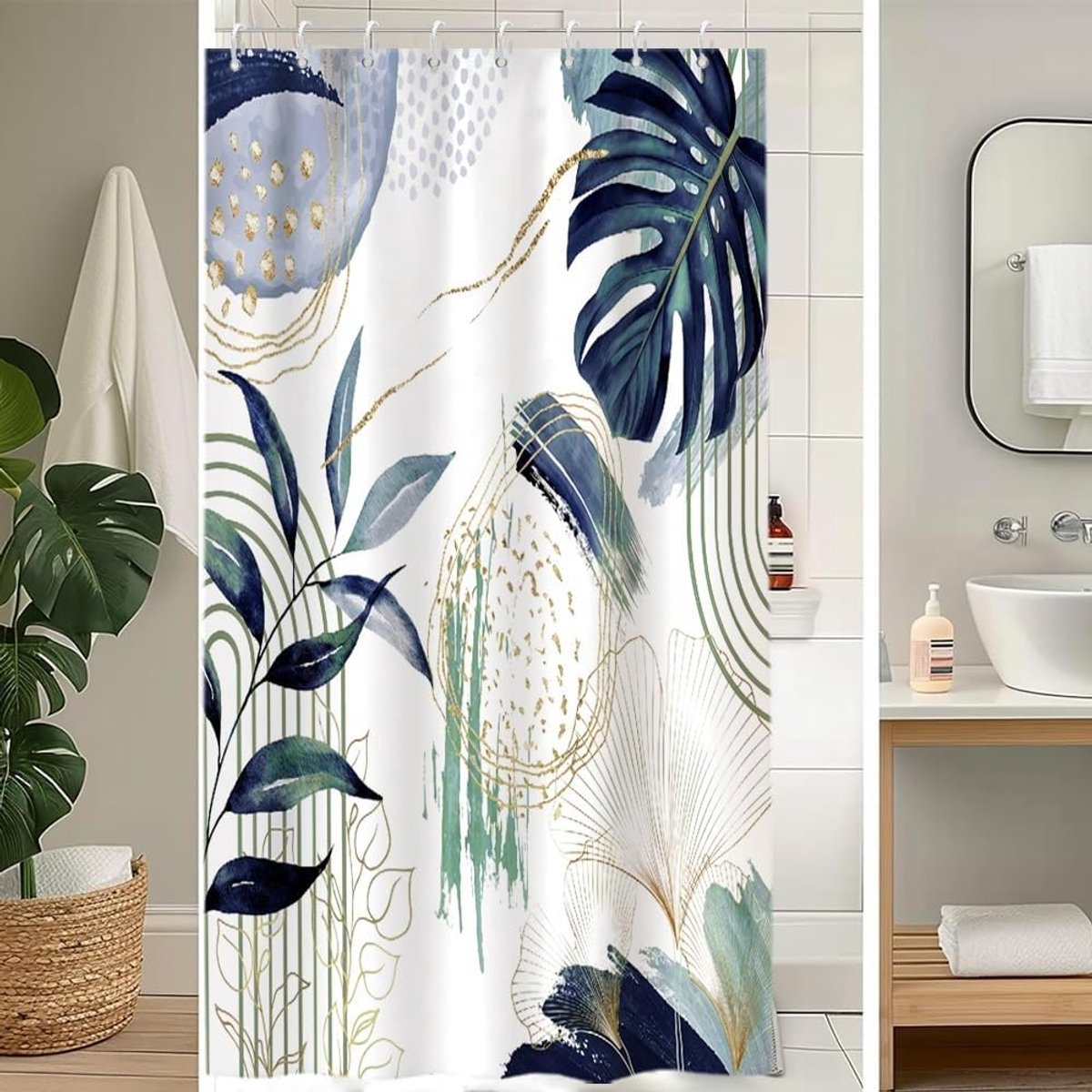 SnelShoppen - Douchegordijn Schimmelbestendig 120 x 200 cm Navy Tropische Palmbladeren Jungle Boho Wasbaar Waterdicht met 8 Haakjes
