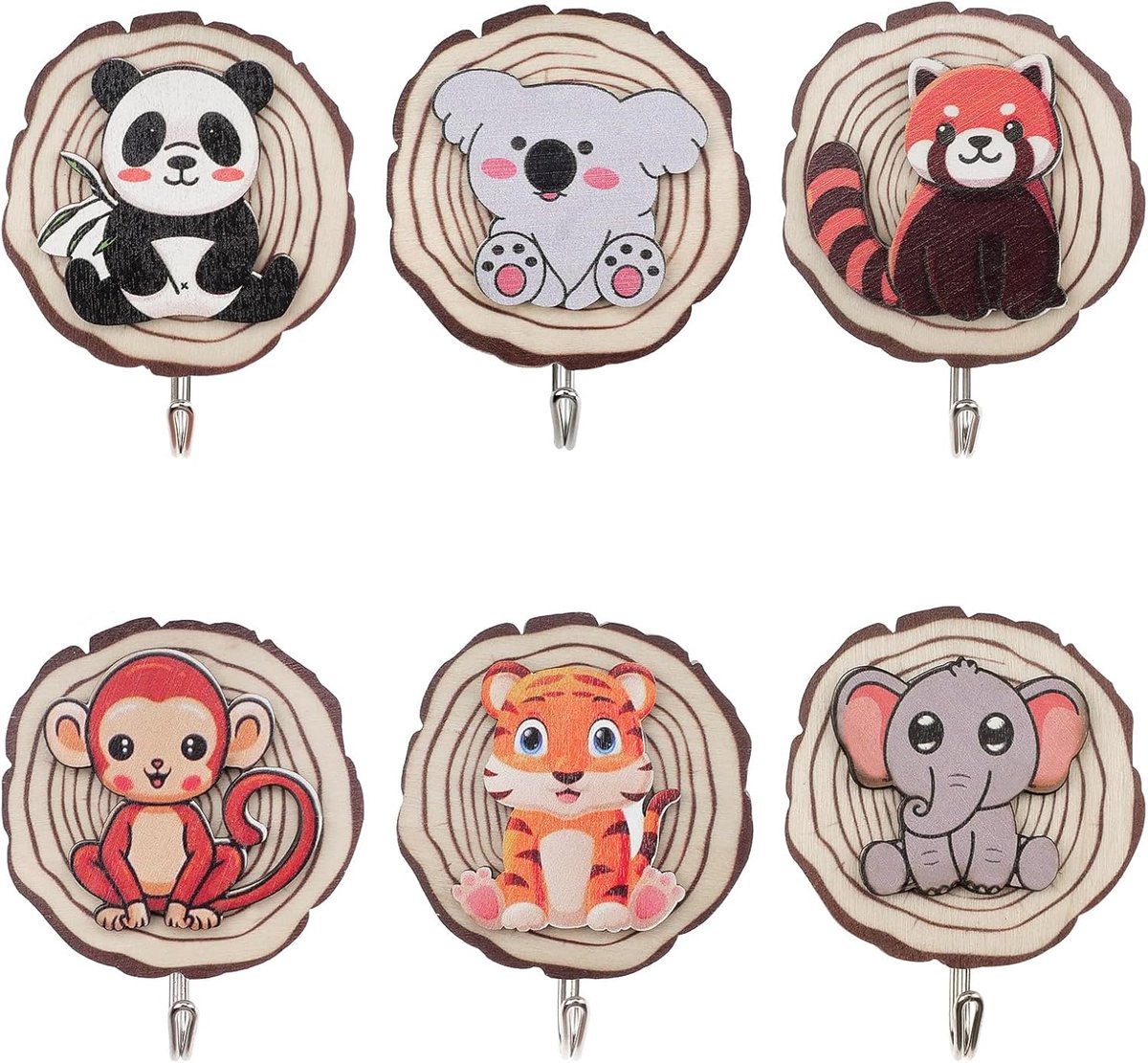 SnelShoppen - Zelfklevende Wandhaken voor Kinderen - 6 Dierenvormige Houten Kledinghaken - Schattige Wandhaken voor Kinderkamer, Keuken, Kantoor - 6 x