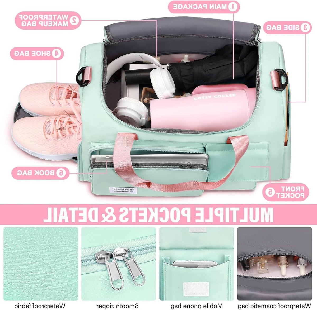 Ruime Sport- en Reisbag met Rugzakfunctie, Waterafstotend Schoencompartiment en Laptopvak voor Training, Duffle Bag en Handbagage, Groen en Modern