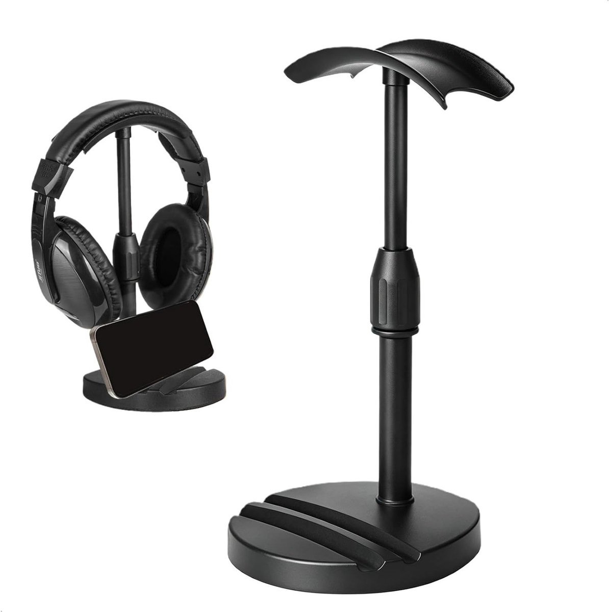 SnelShoppen - In hoogte verstelbare Bureau-hoofdtelefoonhouder met Antislip Basis en Dubbele Groef voor Mobiele Telefoons en Tablets - Zwart, 18-26 cm