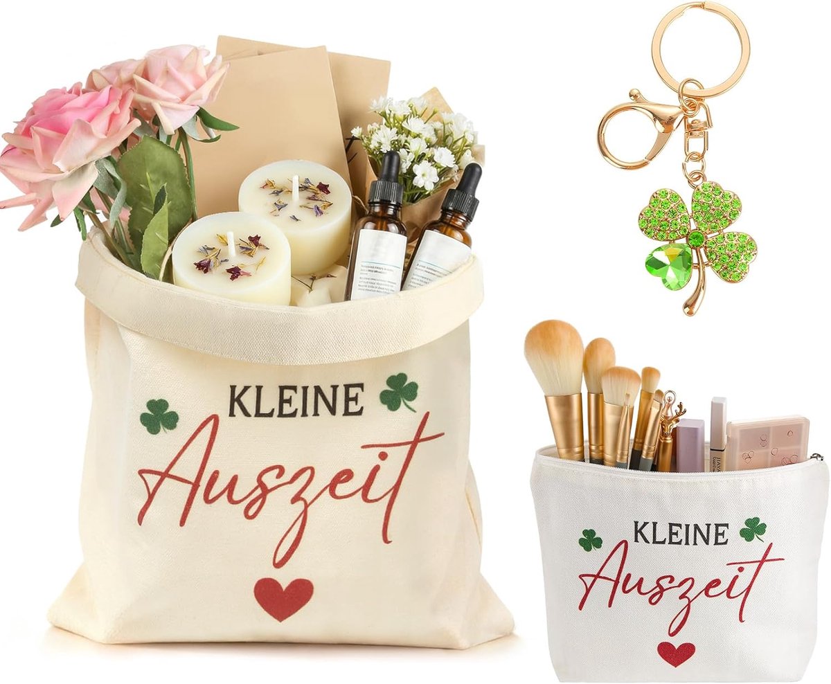SnelShoppen - Wellnesscadeau Cadeaumand voor Vrouwen - Canvas Tussenmand met Klavertje Vier & Make-uptas voor Verjaardag, Jubileum, Ontspanning