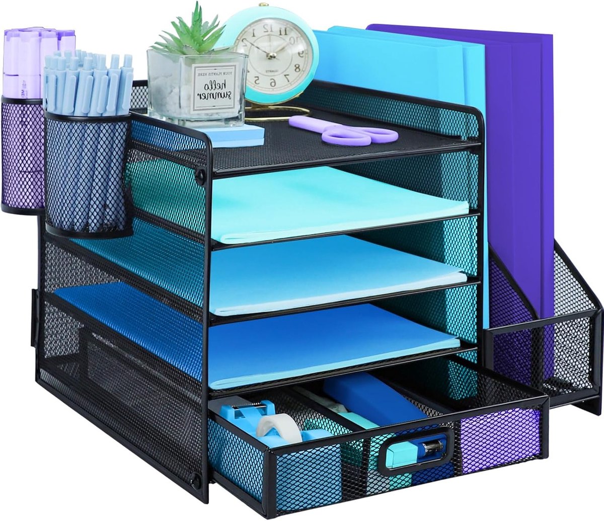 Organisatieoplossing voor Bureau, Bestandenhouder met 2 Penhouders, 5-laags Papieren Briefbak met Lade, Mesh Desktop Opslag met Tijdschriftenhouder voor Kantoorbenodigdheden, Zwart