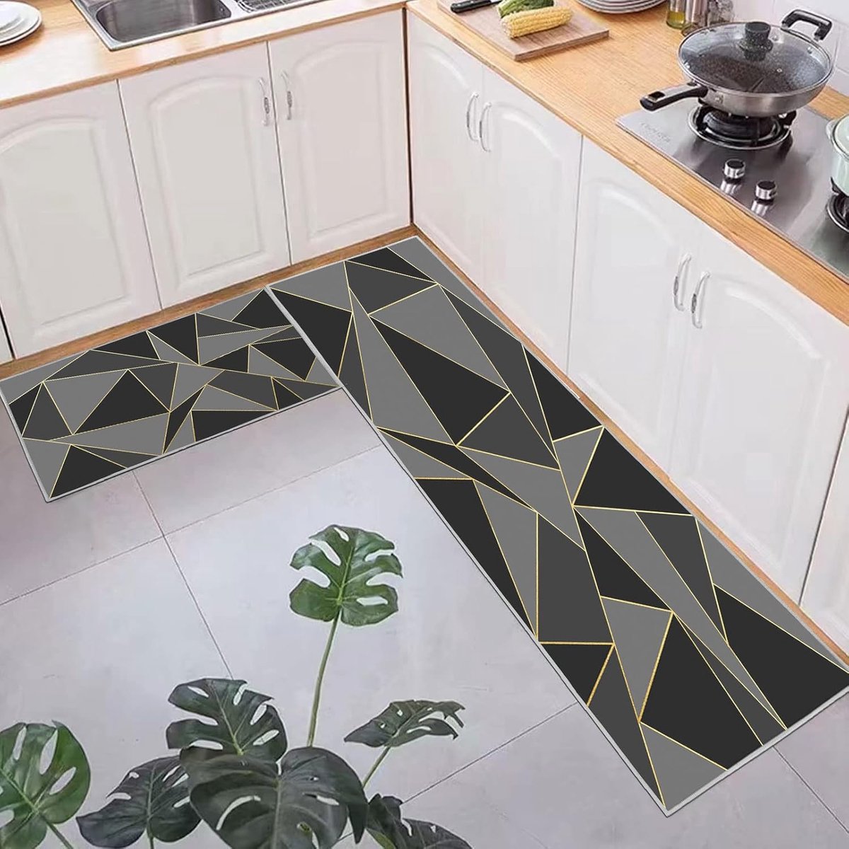 SnelShoppen - Set van 2 Anti-Fatigue Keukenmatten 43x75+43x150cm - Waterdichte, Non-Slip, Geometrische Design - Comfortabele Tapijten voor Thuis en Ka