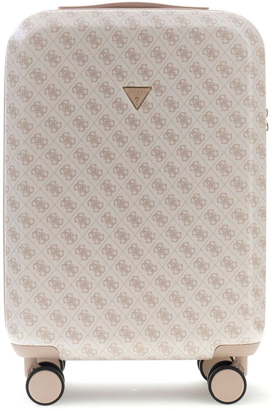 Bruine GUESS koffer met logoprint, handvat en wieltjes. Het GUESS logo is zichtbaar.