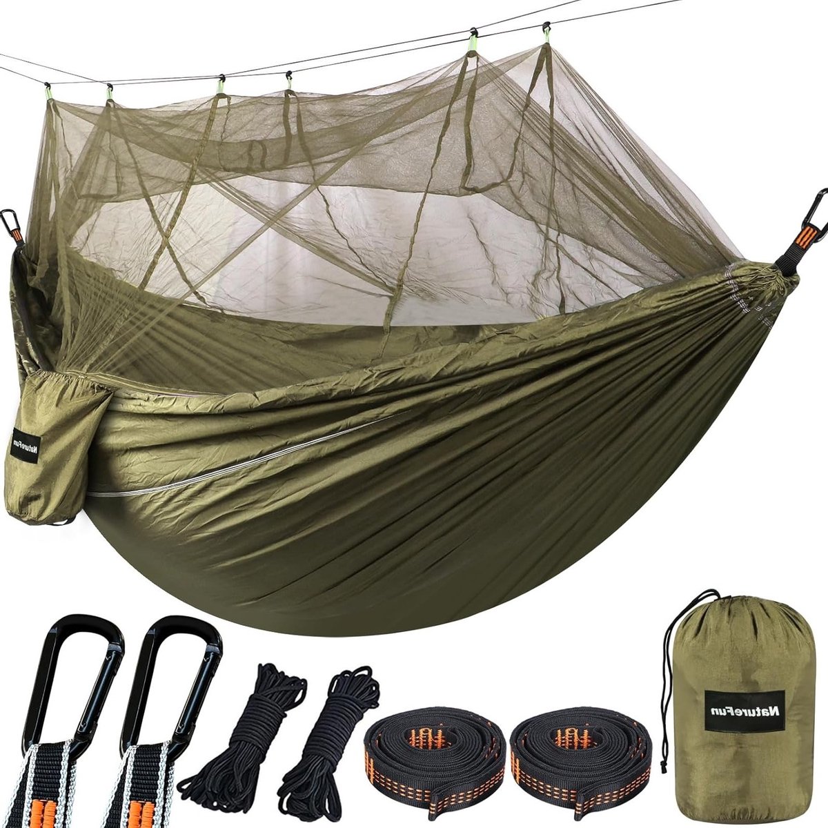 Camping Hangmat met Net, 300 kg Draagvermogen, Ademend en Sneldrogend Parachute Nylon, Inclusief 2 Carabiners en 4 Garlands voor Binnen en Buiten Gebruik