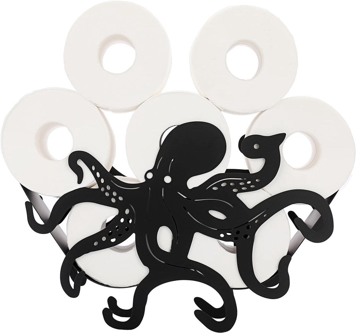 SnelShoppen - Zwarte Metalen Toiletpapier Dispenser - Staande Toiletrolhouder - Geen Boren Wandmontage - Octopus Vorm - Decoratie Voor Badkamer Keuken