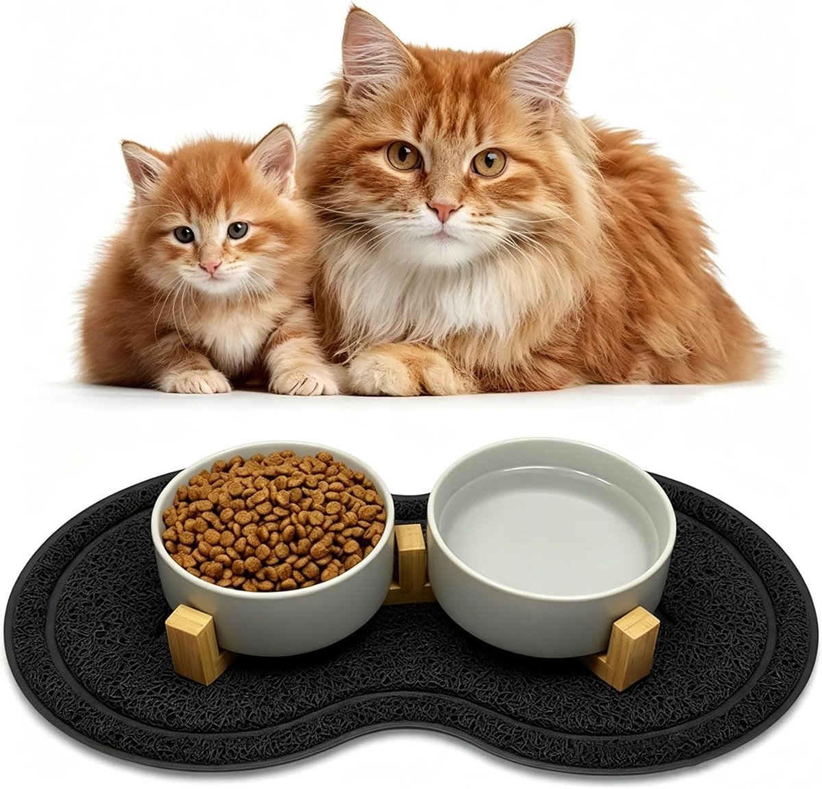 SnelShoppen - Raised Feeding Bowls voor Katten en Honden - Dubbel Voerbak Set - Ceramisch met Bamboe Stand en Antislip Mat - Ideaal voor Kleine tot Mi
