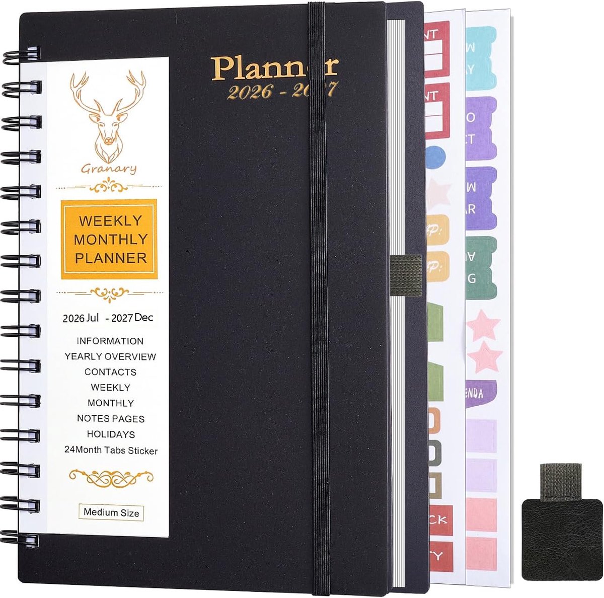 SnelShoppen - Gumiho Weekplanner 2026 2027 A5 Spiral - 18 Maanden Agenda met Penlus en Planningsstickers (Zwart)