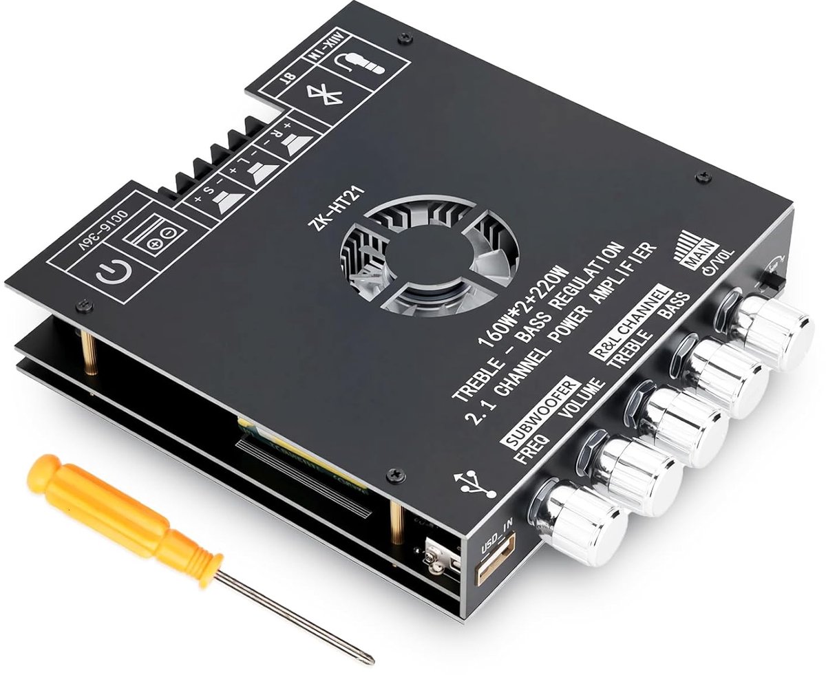 SnelShoppen - Hi-Fi Versterker Module 2.1 Kanaal met Bluetooth 5.0, 160W+160W + 220W Subwoofer, Mini Digitale Stereo Versterker voor Home Theater, USB