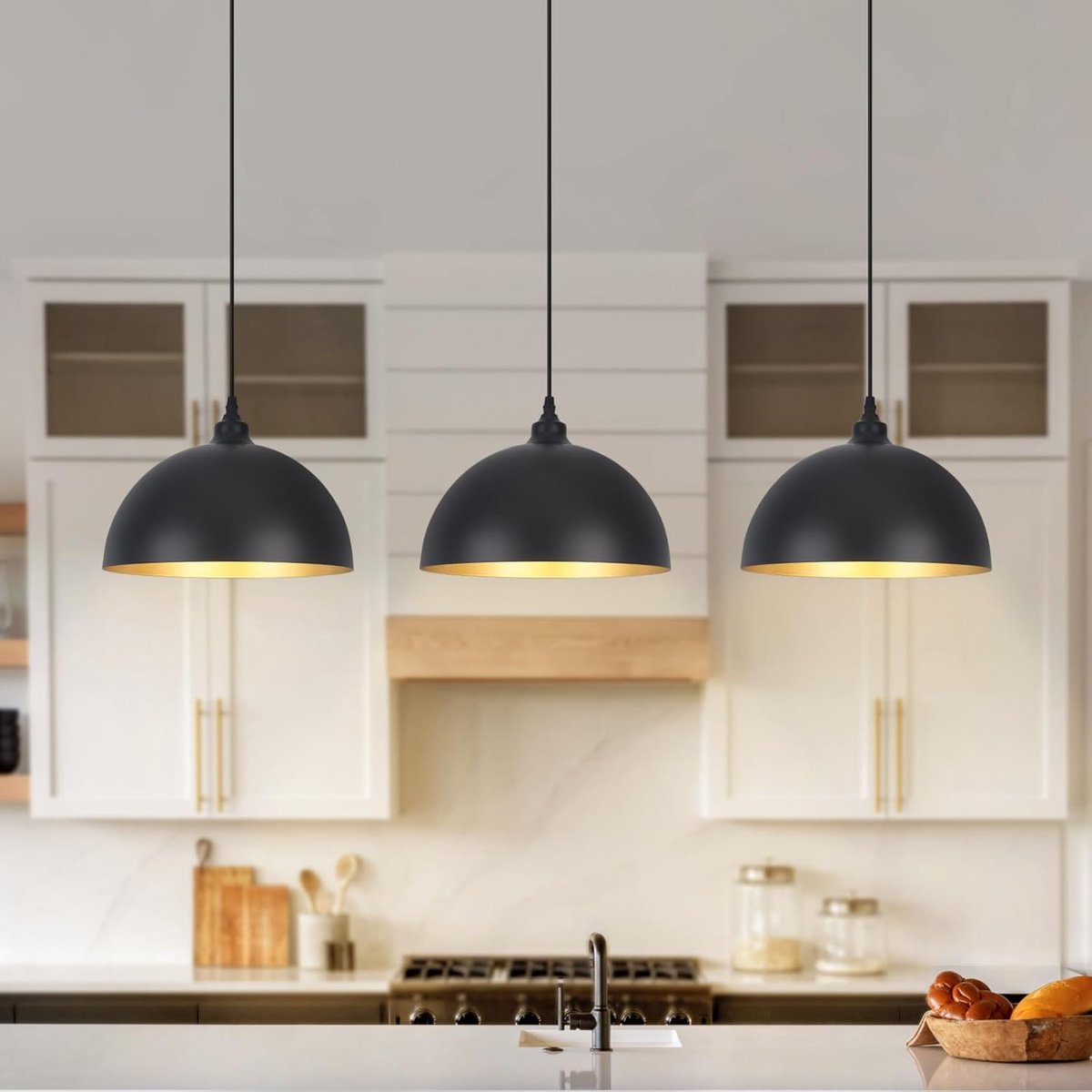 SnelShoppen - Set van 3 Zwarte Hanglampen voor Keuken Eiland, Industrieel en Vintage Stijl, Metalen Kap, E27 Fitting, Verstelbare Hoogte