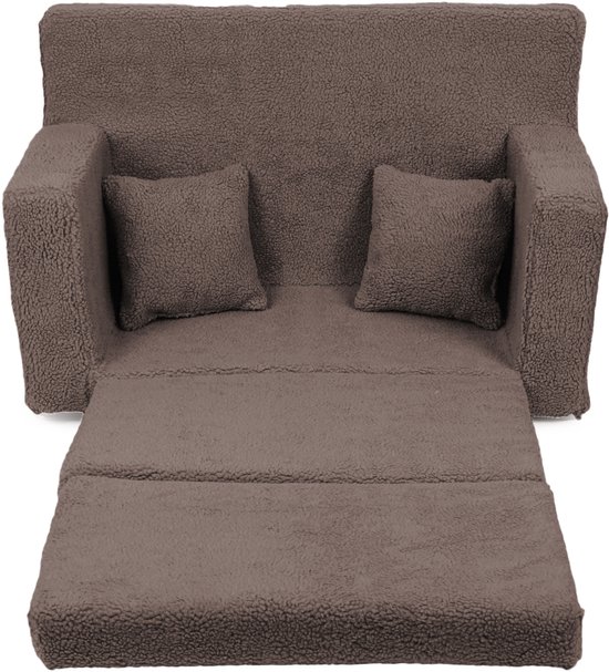 Flumi opvouwbare mini kindersofa van teddy stof - zachte kinderbank met uitklapfunctie en afneembare hoes, bruin van Merkloos — afbeelding 4