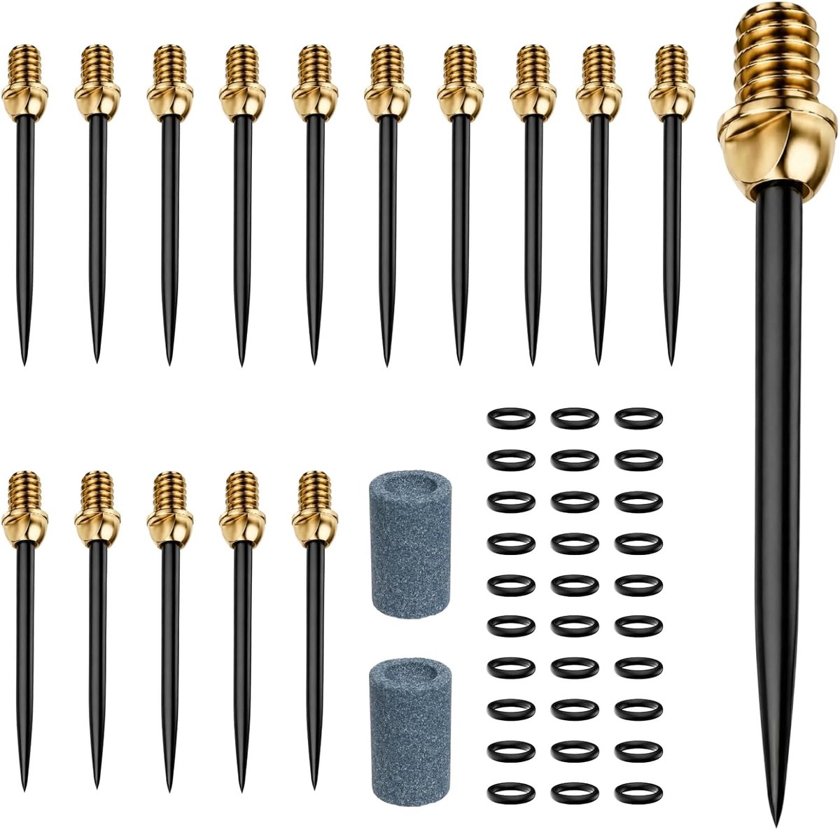 SnelShoppen - 15 Koperen Darttips 37 mm, Dartpunten Met Koperen Punt, Dartconversiepunten Met 30 Rubberen Ringen Type O en 2 Slijpstenen Voor Dartpijl
