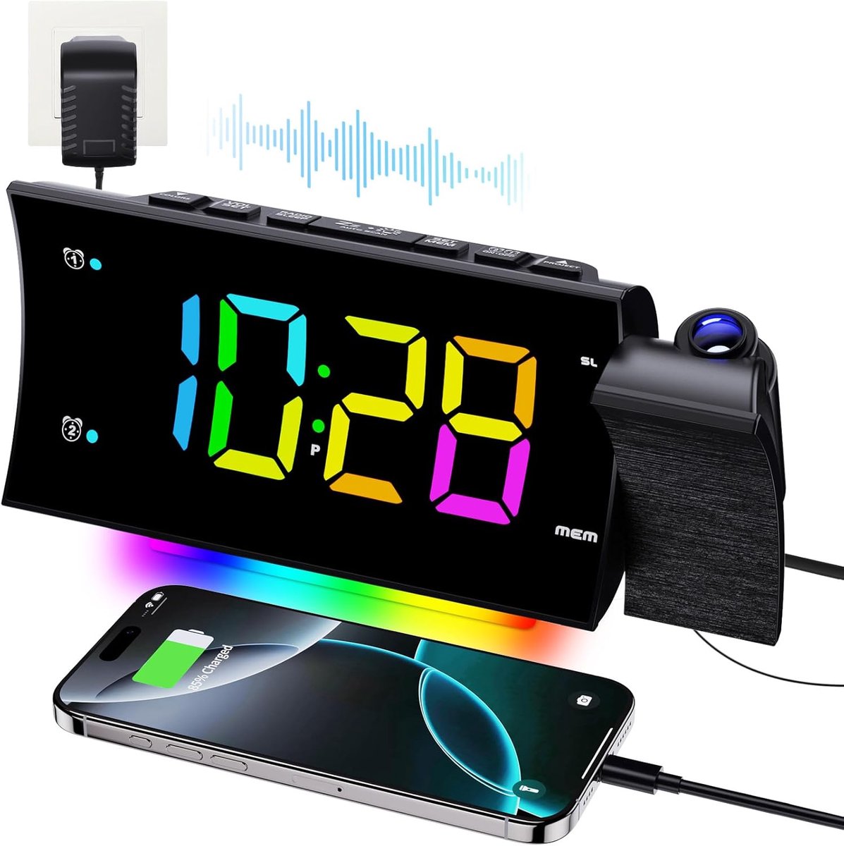 SnelShoppen - Alarm Clock Radio Ceiling Projector, 180° Rotatie, FM Digitale LED Display, USB Oplader, Dubbele Alarmfunctie, 12/24 Uur, Snooze, Ideaal