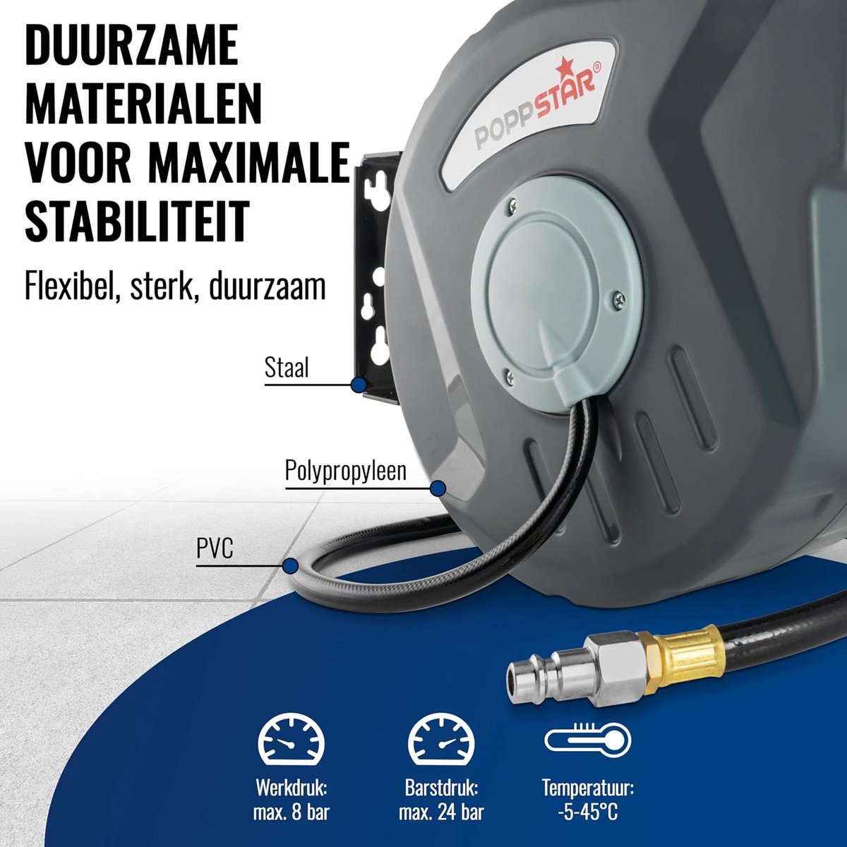 SnelShoppen - Compressed Air Hose Reel 10m + 1m - Automatische Winding, Flexibele Slang, Robuste Wandhouder, 180° Rotatie, 1/4" BSPT
